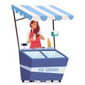 Saleswoman In A Crisp Apron Stands At Her Ice Cream Stall, Expertly Balancing A Freshly Scooped, Vibrant Ice Cream Cone