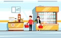 Saleswoman in supermarket interior. People standing in store checkout line. Vector flat illustration of mall