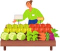 Saleswoman trading fruits and vegetable. Female seller at bazaar, market during harvesting