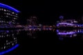 Salford Quays, England, UK, October 9, 2018 A Night time landscape using long exposure of Media City UK showing reflections on th