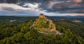 Salgotarjan, Hungary - Aerial panoramic view of Salgo Castle (Salgo vara) in Nograd county with dark clouds above