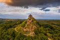 Salgotarjan, Hungary - Aerial view of the ruins of Salgo Castle Salgo vara in Nograd county with dark storm clouds above