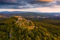 Salgotarjan, Hungary - Aerial view of Salgo Castle (Salgo vara) in Nograd county with a golden and blue sunset sky Royalty Free Stock Photo