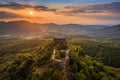 Salgotarjan, Hungary - Aerial view of Salgo Castle Salgo vara in Nograd county with a golden sunset sky Royalty Free Stock Photo