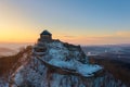 Amazing aerial view of Castle of SalgÃÂ³ with splendid winter morning sunrise. Royalty Free Stock Photo