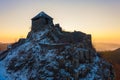 Amazing aerial view of Castle of SalgÃÂ³ with splendid winter morning sunrise. Royalty Free Stock Photo