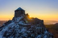 Amazing aerial view of Castle of SalgÃÂ³ with splendid winter morning sunrise. Royalty Free Stock Photo