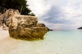 Saliara Beach called Marble Beach, beautiful white beach in Thassos island, Greece. Water and rocks Royalty Free Stock Photo