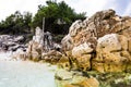 Saliara Beach called Marble Beach, beautiful white beach in Thassos island, Greece. Water and rocks Royalty Free Stock Photo