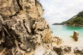 Saliara Beach called Marble Beach, beautiful white beach in Thassos island, Greece. Water and rocks Royalty Free Stock Photo