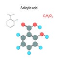 Salicylic acid. Chemical structural formula and model of hormone molecule. C7H6O3