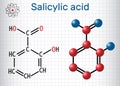 Salicylic acid molecule. It is a type of phenolic acid. Structural chemical formula and molecule model. Sheet of paper in a cage Royalty Free Stock Photo