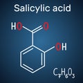 Salicylic acid molecule. It is a type of phenolic acid. Structural chemical formula and molecule model on the dark blue background