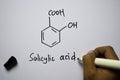 Salicylic Acid molecule written on the white board. Structural chemical formula. Education concept