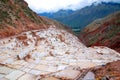 Salinas de Maras is located along the slopes of Qaqawinay mountain Royalty Free Stock Photo