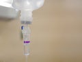 Saline drop in a drip chamber being infused with a patient room defocus background Royalty Free Stock Photo