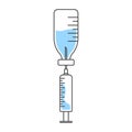 Saline filling medical syringe icon. A cartoon image of the medication filling process in an vertical position. Isolated