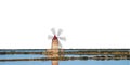 Saline of the Laguna Marsala with windmill Sicily, Italy isolated on white background