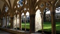 Salisbury cathedral cloisters, clear cold day.