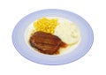 Salisbury steak dinner on blue plate