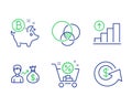Sallary, Graph chart and Euler diagram icons set. Bitcoin coin, Shopping cart and Dollar exchange signs. Vector