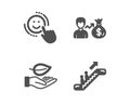 Sallary, Leaf and Smile icons. Escalator sign. Person earnings, Plant care, Positive feedback. Elevator. Vector