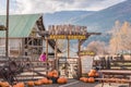 Entrance to farm animal petting zoo decorated with pumpkins in autumn