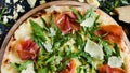 Salmon and arugula pizza tasty restaurant meal