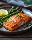 Salmon and Asparagus on Wooden Table