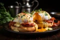 Salmon and avocado toast with poached egg on a wooden board. Breakfast concept