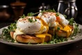 Salmon and avocado toast with poached egg on a wooden board. Breakfast concept