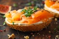 Salmon Bagel Sandwich with figs, cress salad, walnuts, cream cheese and grain on rustic wooden background. healthy Royalty Free Stock Photo