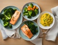 Salmon baked with lemon and herbs Steamed broccoli with garlic Sweet potato mash