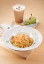 Salmon Carbonara Spaghetti with Cake Royalty Free Stock Photo