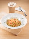 Salmon Carbonara Spaghetti with Milk Tea Royalty Free Stock Photo