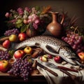 Salmon catch lying among fruit and flowers in antique still life