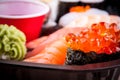 Salmon caviar ikura sushi with selective focus Royalty Free Stock Photo