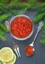 Salmon caviar. Red caviar and lemon. New year Royalty Free Stock Photo