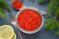 Salmon caviar. Red caviar and lemon. New year Royalty Free Stock Photo