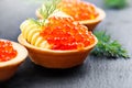 Salmon caviar. Tartlets with red caviar. Gourmet food. Seafood. Trout caviar