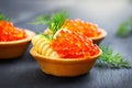 Salmon caviar. Tartlets with red caviar. Gourmet food. Seafood. Trout caviar Royalty Free Stock Photo