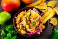Salmon Ceviche with Mango in a Wooden Bowl with Plantain Chips Royalty Free Stock Photo