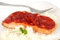 Salmon with chorizo with white rice