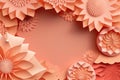 Salmon Color Background With A Large Empty Space In The Center, Silhouettes Of Beautiful Origami Flowers On The Edges. Generative