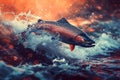 Salmon coming out of the water with splashing waves on the sea floor at sunset. Royalty Free Stock Photo