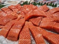 Salmon is a common food fish classified as an oily fish with a rich content of protein. Indonesia, 28 February 2021.