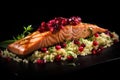 Salmon with couscous and pomegranate on black background, Grilled salmon with couscous and cranberry on black background, AI