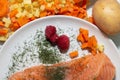 salmon dish with potatoes and carrots Royalty Free Stock Photo