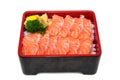 Salmon donburi : fresh sliced Salmon Sashimi on Rice Box isolate Royalty Free Stock Photo