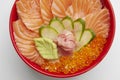 Salmon donburi or slice raw salmon put on cooked rice. Royalty Free Stock Photo